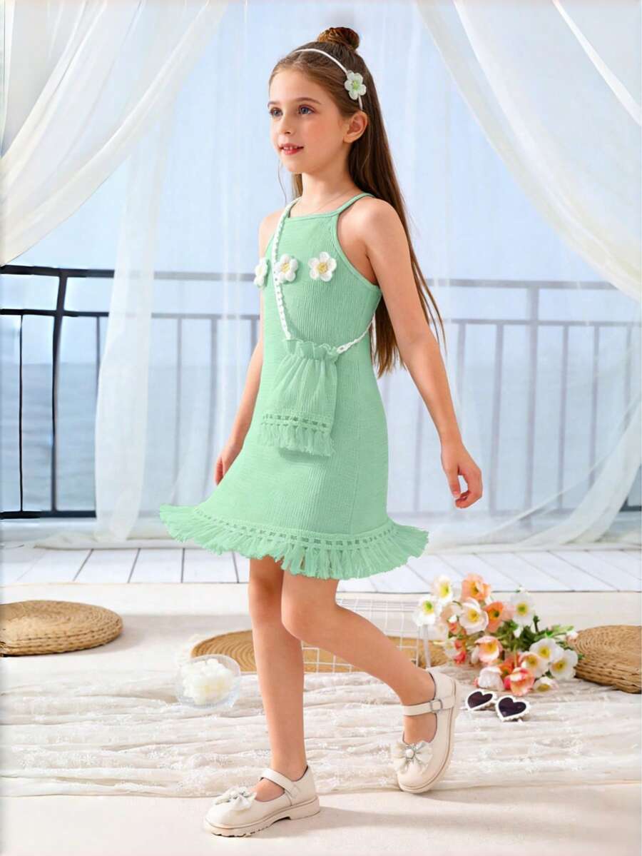 Váy không tay mùa hè cho bé gái có trang trí tua rua, vải mềm, chất liệu thoải mái, phù hợp cho bé gái 8-12 tuổi - màu xanh lá - Xem 1