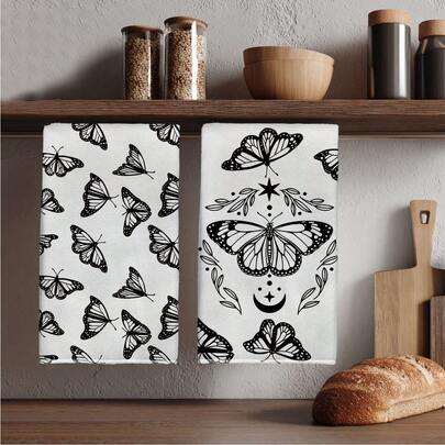 MEMNUN 2pcs Minimalist Black & White Butterfly Silhouette Printed Kitchen Towels, 15.75*23.62in (40*60cm) Super Soft Absorbent Microfiber Dish Cloths, Modern Kitchen Decor, Cooking & Baking Essentials, Cleaning Supplies, Suitable For Dining Room, Kitchen, Holiday Decoration And Gifts, All Seasons