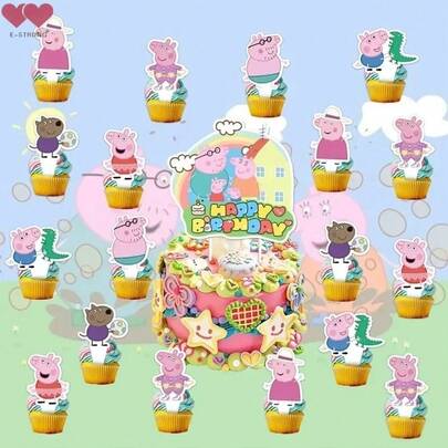 E-STRONG 25pcs Cartoon George Cupcake Toppers, Birthday Party Cake Decorations, Dessert Decor & Birthday Gift