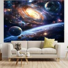 1 件精美绝伦的外太空行星背景横幅 - 充满活力的星系和宇宙场景，点缀着旋转的星星、月亮和火箭 - 耐用的涤纶材质，可用于照片墙装饰，适用于直播、派对、生日、周年纪念、房间、花园或庭院装饰 - 室内/室外均可使用，月亮装饰 - 11 - 查看 3