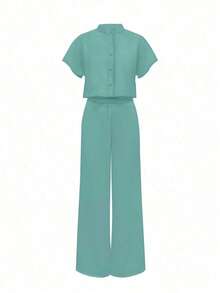 2pcs Women Summer Solid Color Stand Collar Short Sleeve Shirt + Elegant White Wide Leg Pants Set - Mint Green - View 3
