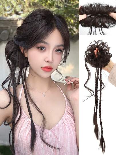 Tóc giả búi rối, kiểu tóc búi phồng, kèm tóc nối búi xoăn, phụ kiện tóc búi rối bằng sợi tổng hợp gợn sóng, dây buộc tóc co giãn cho nữ.