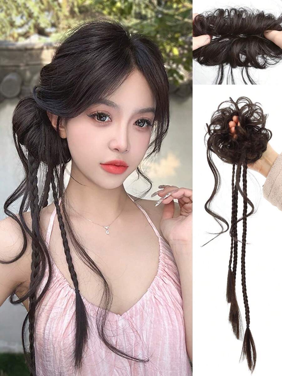 凌乱发髻假发片，蓬松盘发造型，搭配卷发发髻接发，波浪卷曲合成凌乱发髻发饰，女士弹力发圈发髻假发片 - 彩色 - 查看 1