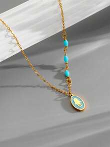 1件女士绿色串珠火箭形吊坠项链，椭圆形花朵锁骨链，饰以绿色绿松石，时尚饰品，适合女士日常、约会、派对、节日佩戴，亦可作为礼物。 - 金色 - 查看 2