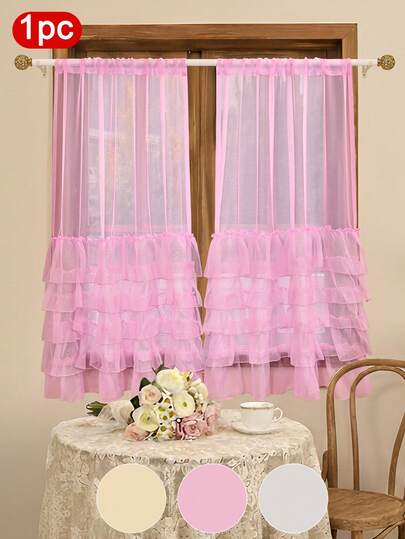 1pc French Retro Lace Curtain, Elegant Multi-Layer Light Filtering Curtain, Modern Minimalist Living Room Bedroom Balcony Sheer Curtain Fabric, Suitable For Living Room And Bedroom, Rod Pocket Design, Polyester Material, Natural Home Decor, Living Room Curtain