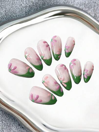 10片/包 法式极简手绘花卉 26毫米 中号杏仁形 透明美甲贴纸，绿色、裸色、粉色，优雅百搭，适合派对、户外、海滩、日常、假日、聚会、工作和特殊场合