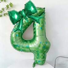 2pcs/Set 40 Inch (101.6cm) Green Pixel Miner Digital Balloon + Green Bow Balloon Set, Green Pixel Theme Round Foil Balloon, Suitable For Birthday Party, Anniversary, Graduation, Mother's Day, Video Game Party Decor (0-9) - Green Grid - View 9