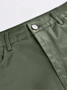 Quần skinny cạp cao, cài nút, túi xéo, chất liệu da PU co giãn, kiểu dáng thường ngày, thích hợp cho lễ hội âm nhạc và tiệc tùng. - xanh quân đội - Xem 5