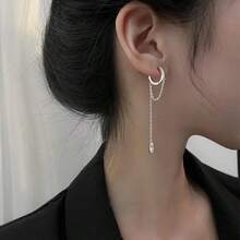 Boucles d'oreilles longues à franges en cubic zirconia cubique étincelant, boucles d'oreilles créoles personnalisées hip-hop avec perle, accessoire polyvalent pour les fêtes et les mariages - Argent - Voir 2