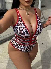 Swim  Plus Size Women's Leopard Print Deep V-Neck Sexy Backless One-Piece Swimsuit, Suitable For Beach & Holiday - 多色 5 - 查看 5