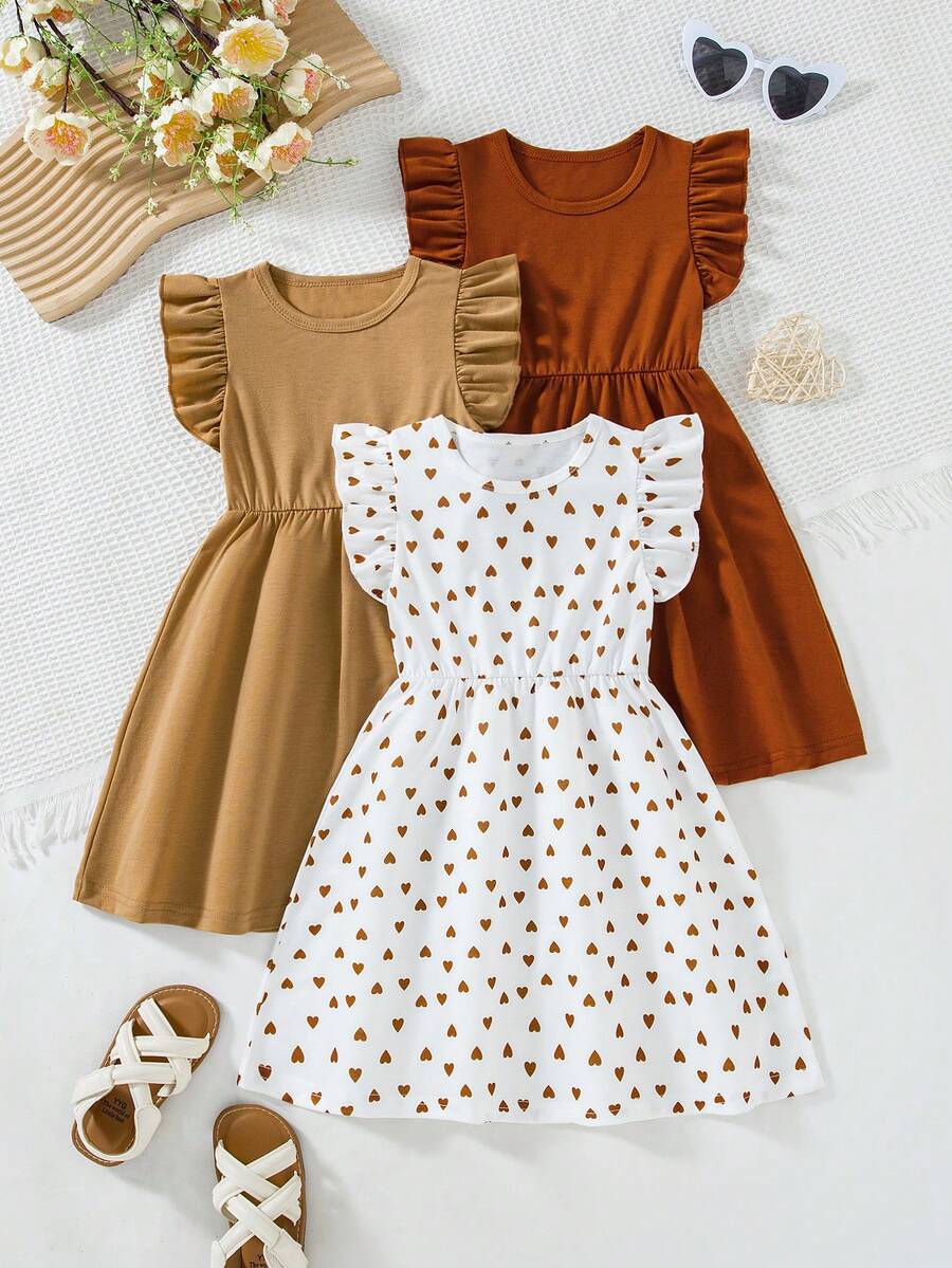 Bộ 3 món cho bé gái, thích hợp mặc đi lễ tình nhân mùa hè, kiểu dáng tay loe in hình trái tim kết hợp với váy áo màu trơn phối hợp, phong cách thường ngày. - màu nâu - Xem 1