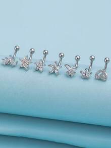 7件套Y2K辣妹穿孔饰品套装，闪亮水钻爱心星星蝴蝶肚脐耳软骨眉钉穿孔饰品套装 - 銀色 - 查看 4