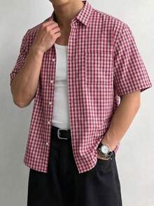 Men's Retro College Style Plaid Shirt, Regular Fit, Light Red & White Fine Check Pattern, Fashionable College Style Short Sleeve Top, Essential Urban Street Wear Item - Multicolor - View 1