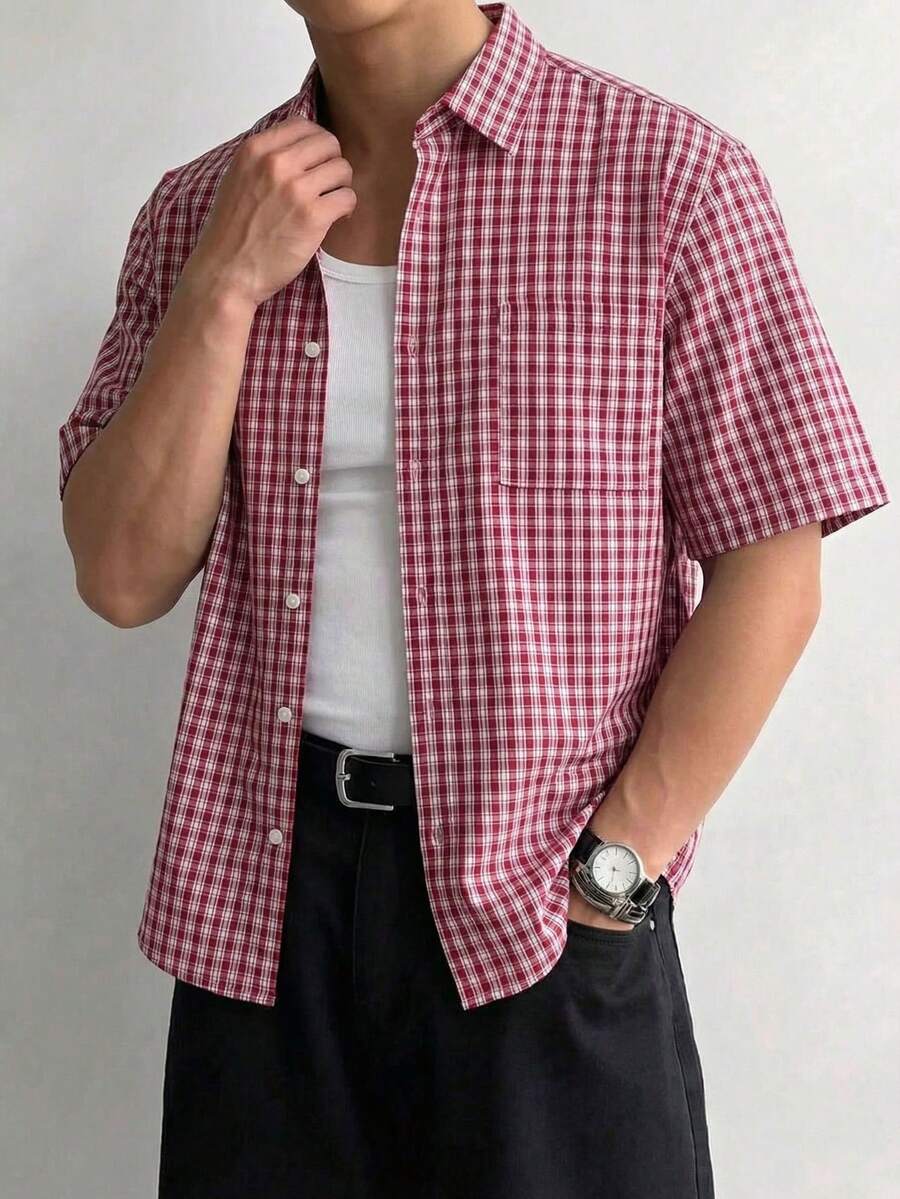 Men's Retro College Style Plaid Shirt, Regular Fit, Light Red & White Fine Check Pattern, Fashionable College Style Short Sleeve Top, Essential Urban Street Wear Item - Multicolor - View 1