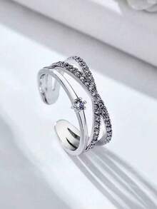 1pc Niche Luxury Minimalist Design Zirconia Inlaid Criss-Cross Ring, Versatile Daily Wear, Suitable For Eid Al-Adha Distribution, Wholesale & Distribution - Antique Silver - View 5