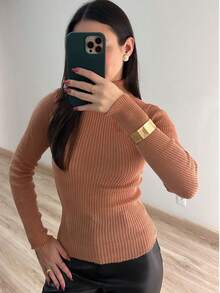 Women's Ribbed Knit Blouse Turtleneck Long Sleeve Elegant Simple Polyester Knitted Home Beach Daily - 銅色 - 查看 3