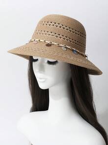 1pc Women's Handwoven Straw Hat, French Style Round Crown Flat Brim Cap, Round Top Bucket Hat, Summer Face-Slimming Sun Hat For Beach Vacation, Photo Shooting And Outdoor Use - Straw Hat - View 4