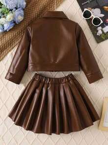 Bộ 2 món áo khoác và chân váy giả da PU thời trang xuân/thu cho bé gái, bộ đồ liền thân đa năng kiểu đường phố, hàng mới về mùa thu. - Màu nâu Sô-cô-la - Xem 2