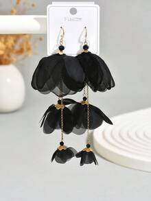 1 Pair Elegant Fabric Flower Long Earrings, Suitable For Daily Wear (Bead Color Random) - Black - E1338 - View 5
