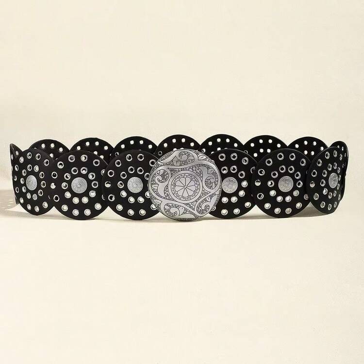 1 chiếc thắt lưng da PU màu đen dành cho nữ, khóa tròn, kiểu dáng Bohemian với họa tiết hoa, phù hợp cho các dịp thường ngày, dự tiệc, và thời trang hàng ngày. - màu đen - Xem 7