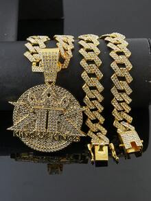 Bộ dây chuyền Cuban Link lấp lánh + đồng hồ mặt đỏ, mặt dây chuyền phong cách rapper dành cho nam giới, trang sức đường phố đính đá toàn bộ. - bộ trang sức - Xem 15