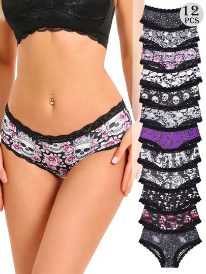  12pcs Dircho Women Skull Print Thong Panties Set, Soft Stretchy Lace Trim Breathable Underwear, Gothic Rose Pattern Multipack