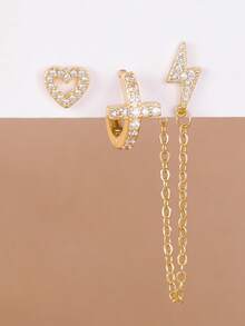 3PCS Luxury Lightning Vertical Tassel Chain Long Ear Stud Sets For Woman 18K Gold Plated Zirconia Cross Hoop Earring Cartilage Piercing Jewelry - 3PCS-gold - View 1