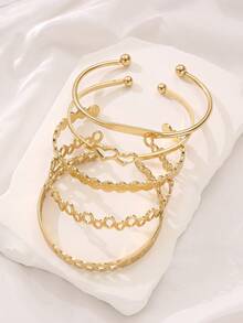 Juego de 5 pulseras vintage punk doradas con doble corazón, pulsera grabada con LOVE y pulsera de cadena en capas, perfecto para una cita nocturna, regalo ideal para la novia - Dorado - Ver 2