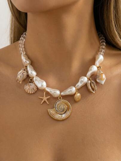 1件夏季海滩度假风油滴贝壳海星多元素不规则珍珠串珠吊坠项链，适合海滩、度假、派对、聚会，可作为送给朋友和女朋友的礼物。