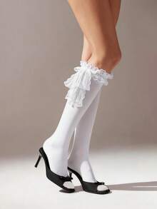 1 đôi tất nữ màu trắng ren xếp ly kiểu Lolita, dễ thương, đa năng, dài đến giữa bắp chân. - Nhiều màu - Xem 5