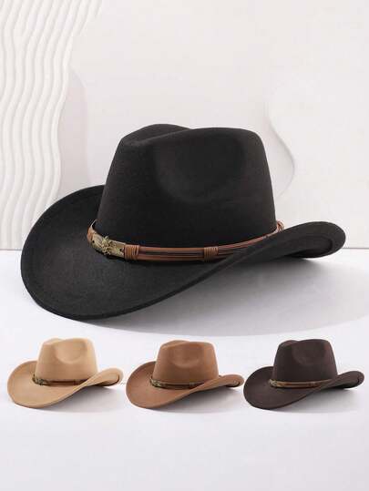 1Pc Western Cowboy Hat For Men Women Classic Roll Up Fedora Hat With Skull Strap