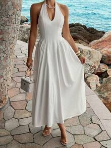 Unadoll Women's Spring Summer Elegant Halter Deep V Waist Cinching Ruched Flared Slit Hem Backless White Maxi Dress Vacation Party Outfit - White - View 2