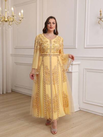JINLICX Plus Size Golden Beaded Embellished Evening Gown