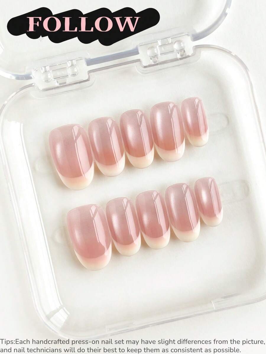 10片手工亚克力美甲贴片，短款，椭圆形，白色，粉色，甜美柔和，法式，猫眼，闪粉，手绘，可爱美甲，价格实惠，美甲用品，可重复使用，含美甲工具，适合日常通勤、派对和办公场合送礼