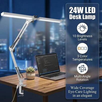 CANMEIJIA Đèn bàn LED 1 chiếc, đèn đọc sách hai đầu có thể gập lại, công suất 24W, 3 nhiệt độ màu (ấm/trung tính/lạnh), có thể điều chỉnh độ sáng, cổng USB, cáp USB 1.5m, độ sáng 587 lumen, thích hợp cho phòng học, văn phòng.