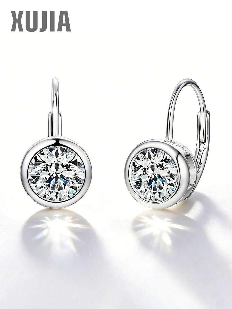 XUJIA 一对女士925纯银圆形贝壳耳环，镶嵌6.5毫米和8毫米莫桑石耳坠，永恒时尚耳环，婚礼新娘珠宝礼物