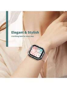 1个时尚单排钻石保护壳，兼容 38mm 40mm 42mm 44mm 45mm 49mm系列 Ultra 8 7 6 5 4 3 2 1 SE，男女通用，内置钢化玻璃屏幕保护膜，超薄防震全覆盖硬质PC保护壳 - 黑色 - 查看 3
