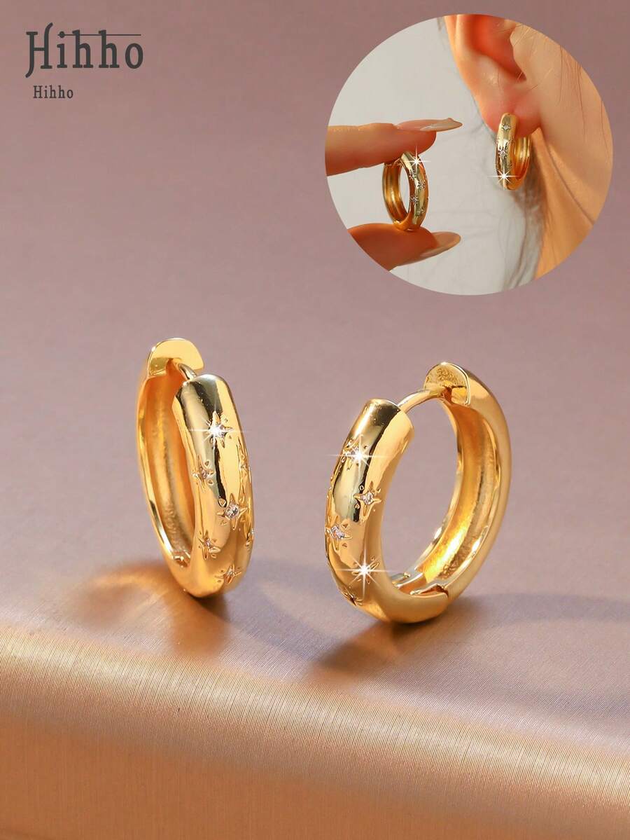 Hihho 一对星芒锆石粗圈耳环，适合甜美、简约、通勤、Y2K风格的穿搭，是送给闺蜜或女友生日或周年纪念日的理想礼物。 - 星芒 - 查看 1