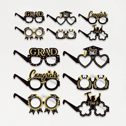 6pcs Black & Gold Graduation Glasses, Photo Booth Props For Graduation Party And Studio Shooting