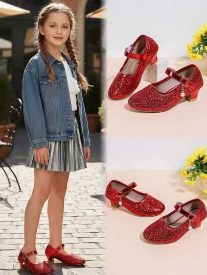 1 Pair Girls' Fashion Glitter High Heel Shoes, Round Toe Flat Buckle Princess Shoes, Suitable For Dance Performance, New Arrival