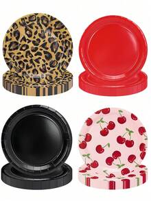 10pcs/40pcs/80pcs Leopard Print & Cherry Pattern Paper Plates Set - 7 Inch Round Paper Plates, Includes Leopard Print, Solid Red, Solid Black And Pink Cherry Patterns, Suitable For Bachelorette Party, Valentine's Day, Vintage Birthday Party, Unisex - Multicolor - View 1