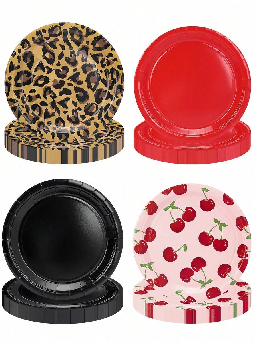 10pcs/40pcs/80pcs Leopard Print & Cherry Pattern Paper Plates Set - 7 Inch Round Paper Plates, Includes Leopard Print, Solid Red, Solid Black And Pink Cherry Patterns, Suitable For Bachelorette Party, Valentine's Day, Vintage Birthday Party, Unisex - Multicolor - View 1