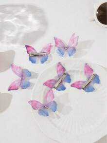 6pcs Fashionable Elegant Double-Layer Rhinestone Butterfly Hair Clips Suitable For Daily Use - Multicolor - View 3