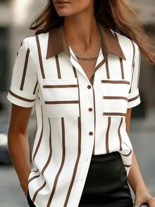 Elegante camicia a righe a maniche corte con colletto da donna, adatta per l'abbigliamento estivo - Castano - Visualizzare 3