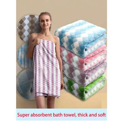 New Coral Fleece Argyle Pattern Towel & Bath Towel Gift Set, Warm, Soft, Absorbent Beach Towel