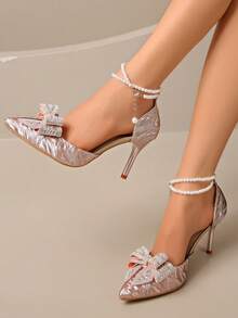 Champagne High Heel Shoes, Fashion Rhinestone Bow Decor, Pointed Toe Slip-On, Buckle Strap Chunky Heel High Heels, Fairy Style, Spring/Summer New Arrival, Champagne Stiletto High Heel Sandals, Kitten Heel Women Shoes, Sexy Formal High Heels, Suitable For Dresses And Cheongsam - Champagne - View 6
