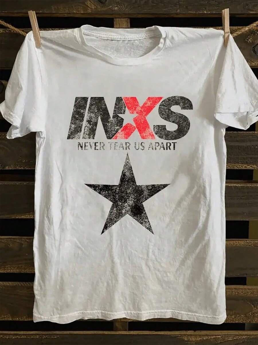 Unisex Casual Short Sleeve T-Shirt With INXS Graphic & Distressed Star Print - Relaxed Fit Round Neck Tee For Men & Women, Machine Washable All-Season Comfort, Soft FabricLoose Fit Benito Bowl,Big Game, Football Fast Delivery Women'S Casual And Stylish Short-Sleeved Printed Shirt/T-Shirt, Breathable, Suitable For Outdoor Sports, Everyday Wear, Birthday Gifts, Christmas Gifts, Halloween Gifts, Or As A Commemorative Shirt For Friends Or Loved Ones. Also Suitable As A Pullover - 白色 - 查看 1