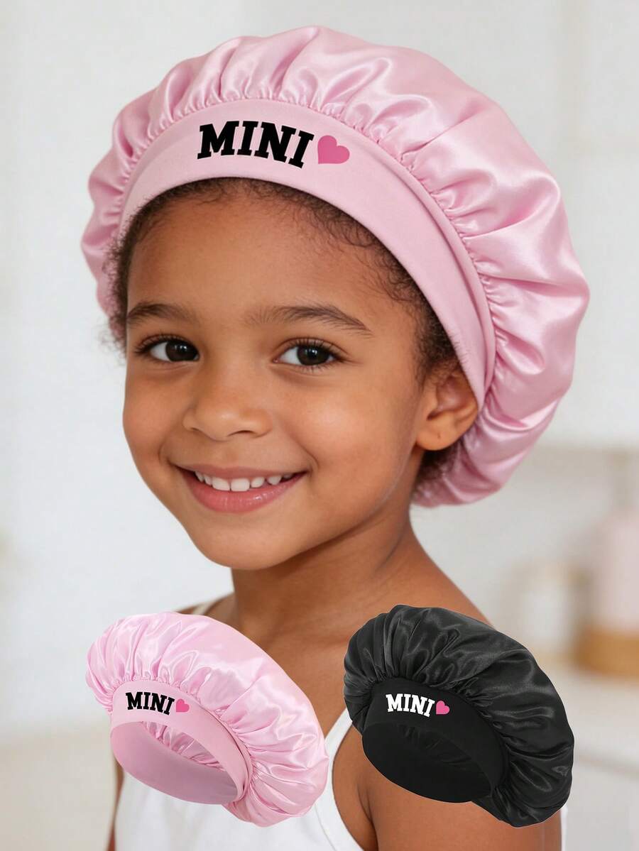 1 chiếc mũ ngủ trẻ em bằng satin in hình trái tim "MINI", có chun co giãn, thích hợp để giữ ấm tóc qua đêm hoặc sử dụng hàng ngày. - 1PC - Xem 1