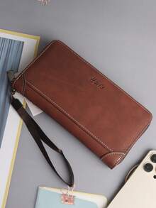 Men's Black Faux Leather Long Wallet - Detachable Wrist Strap, Zipper Closure, Fits Phone, Multiple Card Slots, Spacious For Daily Use - Khaki - View 4