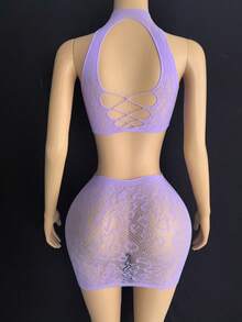 2pcs/Set Sexy Crop Top And Mini Skirt, Front And Back Hollow-Out Design, Reversible, Versatile Styling, Transparent Mesh Fabric, Alluring And Seductive, Suitable For Daily Wear, Beach, Fits Various Body Types, Sexy Lingerie - Mauve Purple - View 2